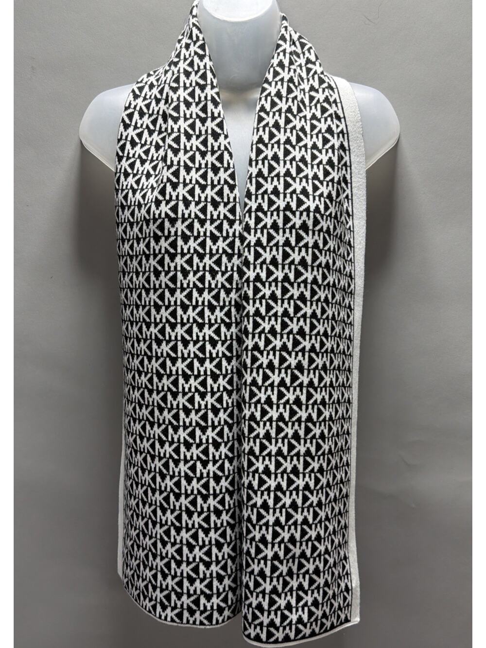 Michael Kors 100% Acrylic Mk Monogram Scarf Black White Jacquard Knit Wrap